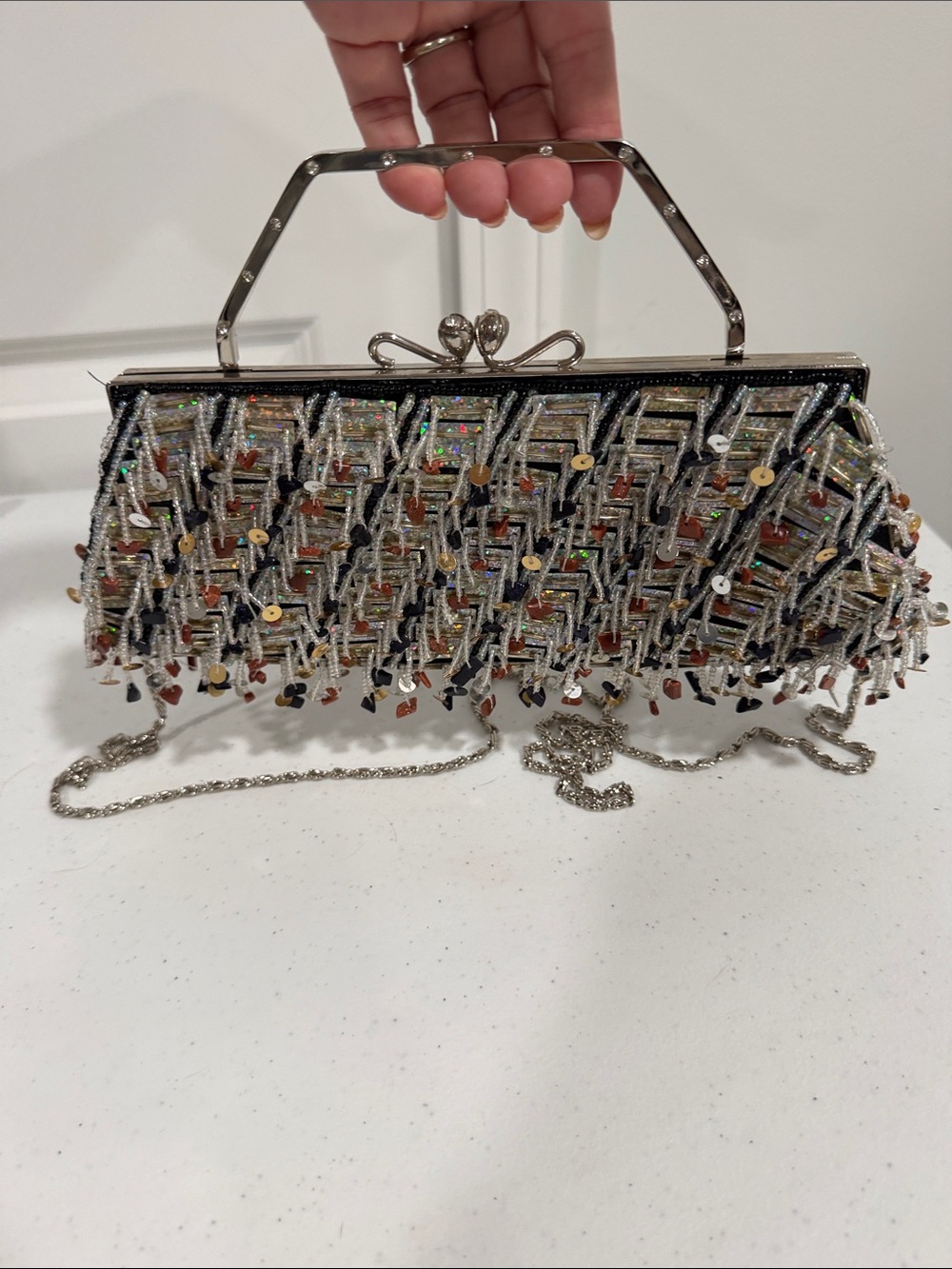 Unbranded vintage Beaded Fringe Evening Clutch Handbag with rhinestones - Black
